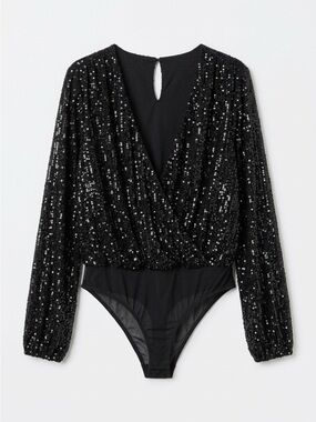 Black Sequin Bandeau Bodysuit with Long Sleeves